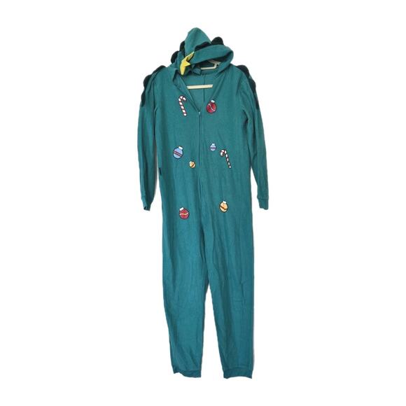 Vtg Christmas Tree One Piece Outfit Adult M Fleece Funny Pajamas Hooded Star - Picture 1 of 11